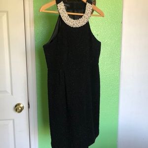Black mini tweed dress! Pearls and sparkly!
